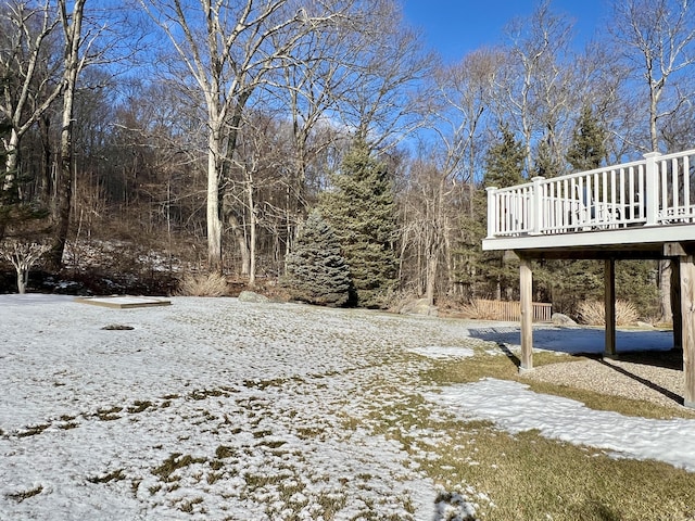 snowy yard with a deck