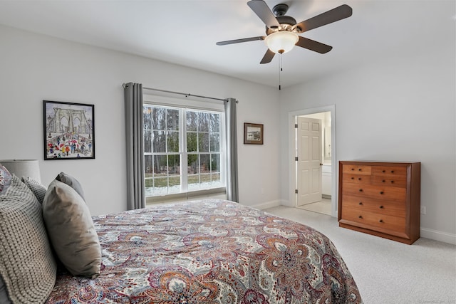 bedroom featuring light colored carpet and ceiling fan