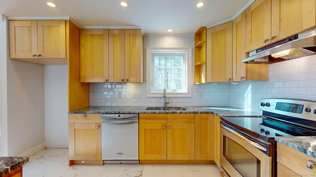 kitchen featuring sink, dark stone countertops, dishwashing machine, stainless steel range with electric cooktop, and backsplash