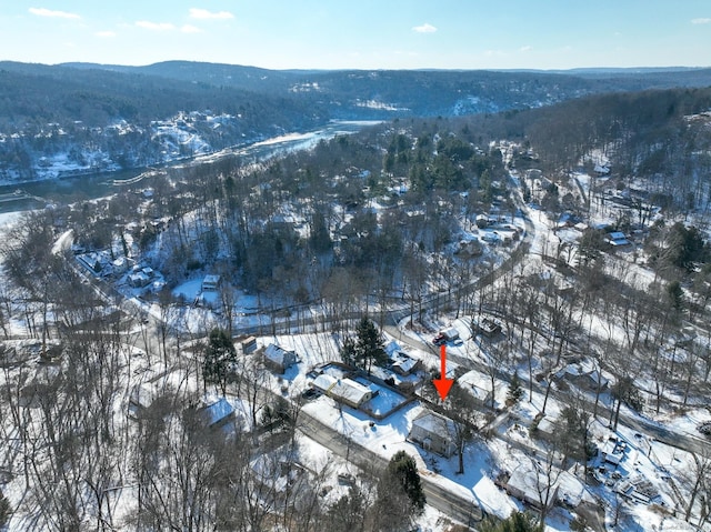 snowy aerial view with a mountain view