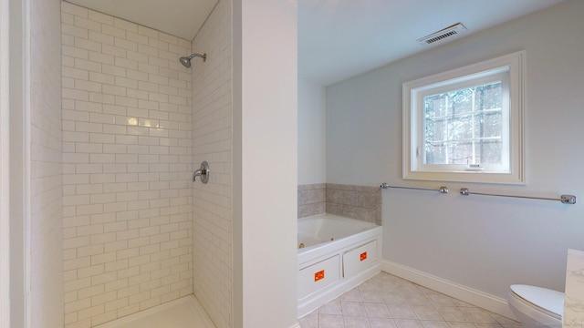 bathroom featuring tile patterned floors, toilet, and separate shower and tub