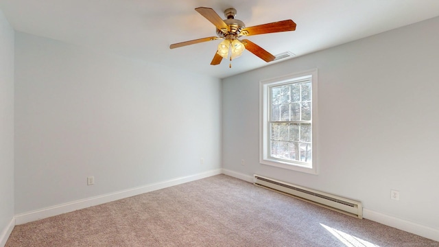 carpeted empty room with ceiling fan and baseboard heating