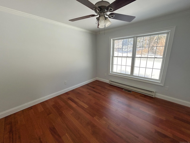 empty room featuring ornamental molding, dark hardwood / wood-style floors, ceiling fan, and baseboard heating