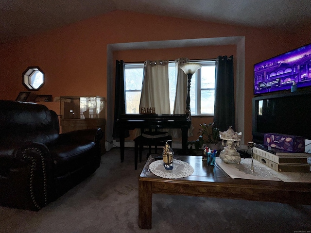 carpeted living room featuring lofted ceiling and baseboard heating