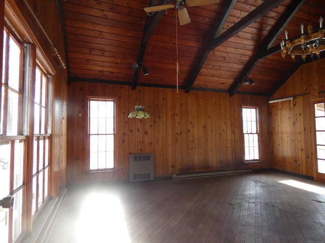 spare room with hardwood / wood-style flooring, radiator heating unit, wooden walls, and wooden ceiling