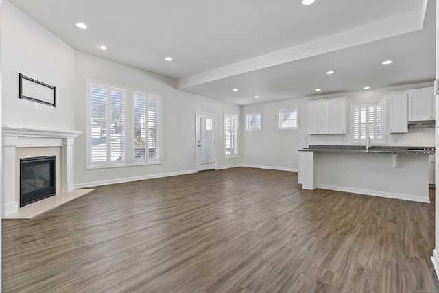 unfurnished living room with dark wood-type flooring and sink