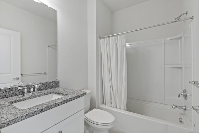 full bathroom featuring vanity, shower / bath combination with curtain, and toilet