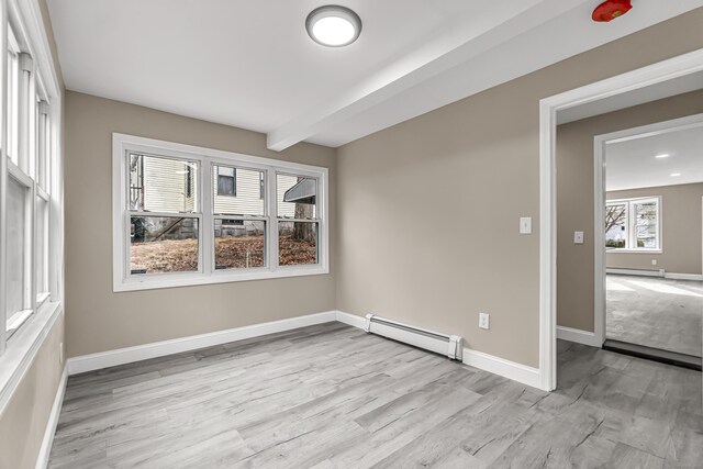 spare room featuring beamed ceiling, a baseboard heating unit, and light wood-type flooring