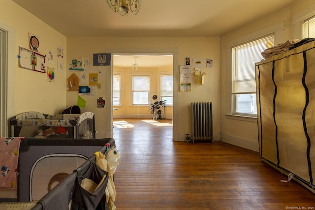 entryway with wood-type flooring and radiator