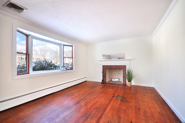 unfurnished living room with hardwood / wood-style floors, a fireplace, ornamental molding, and baseboard heating