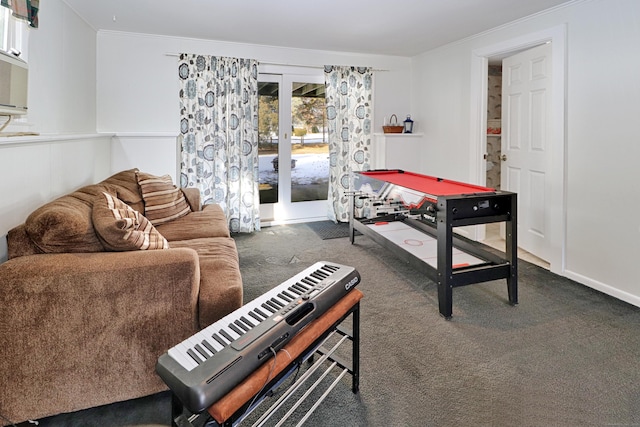 rec room featuring french doors, pool table, crown molding, and dark carpet