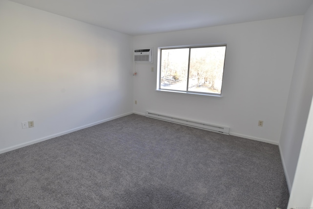 unfurnished room with a baseboard radiator, a wall mounted air conditioner, and dark carpet