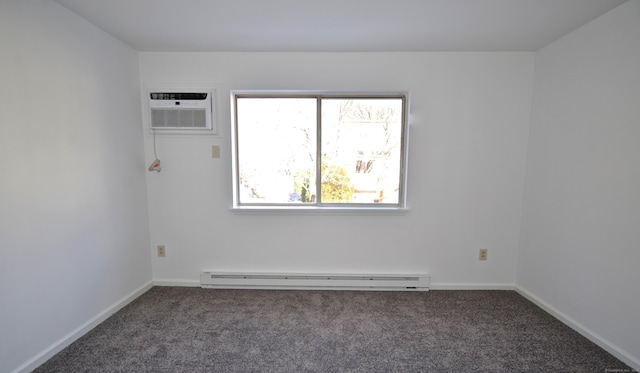 carpeted empty room featuring baseboard heating and an AC wall unit