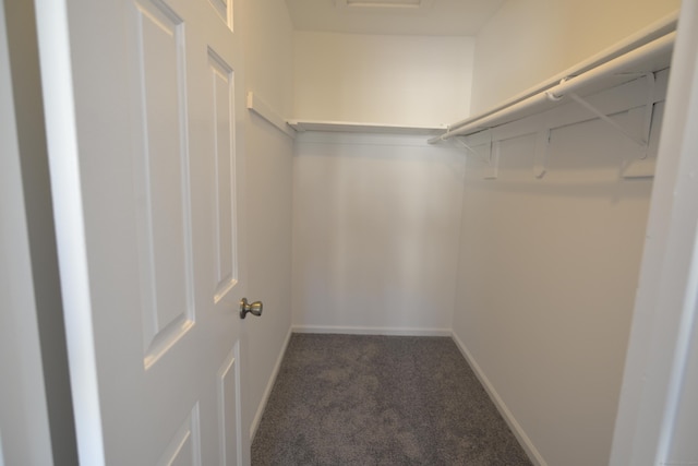 spacious closet featuring dark colored carpet