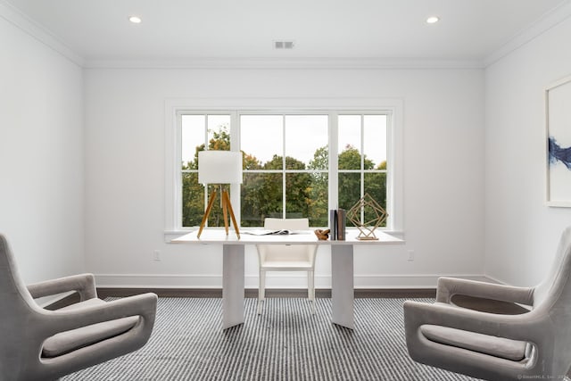 office area featuring hardwood / wood-style floors, ornamental molding, and a wealth of natural light