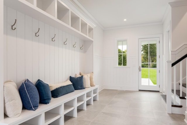 mudroom with crown molding