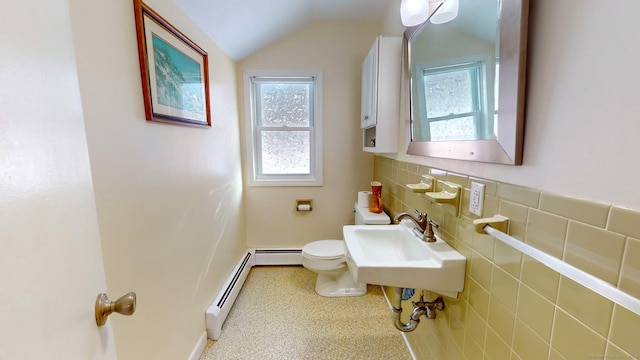 4 Alpine Dr, South Windsor, CT 06074 - half bathroom featuring toilet, a baseboard heating unit, vaulted ceiling, and baseboards