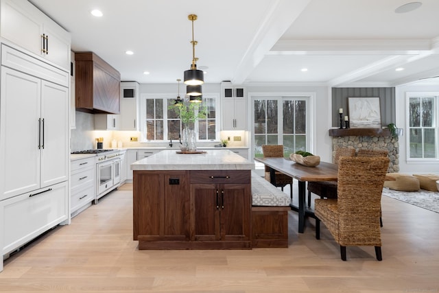 kitchen featuring pendant lighting, plenty of natural light, a center island, and premium appliances