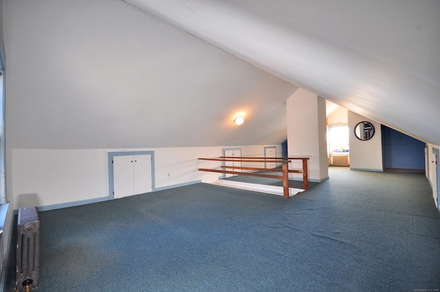 additional living space featuring vaulted ceiling, carpet, and radiator heating unit