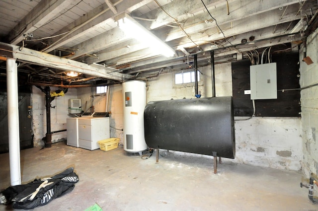 basement with independent washer and dryer, electric panel, and electric water heater