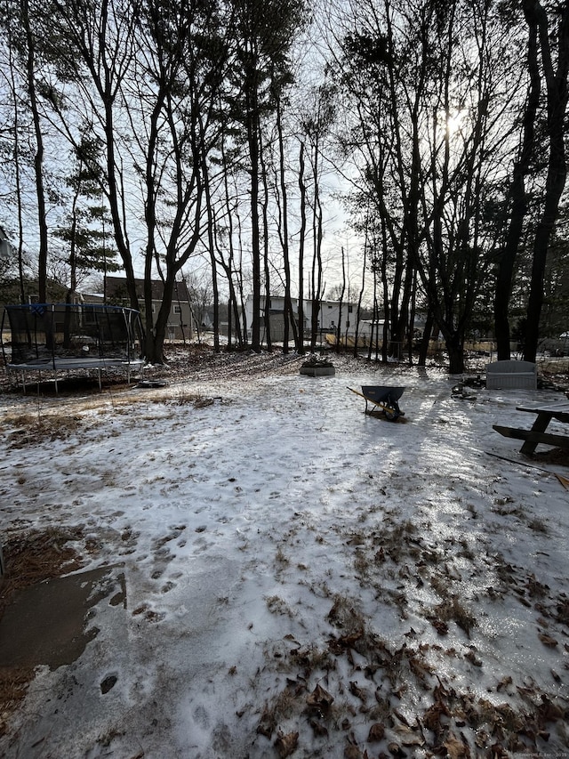 yard covered in snow featuring a trampoline