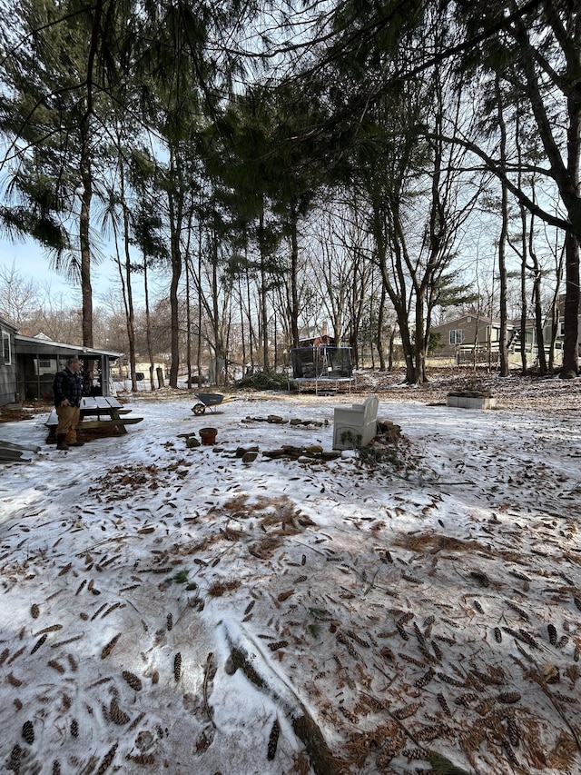 yard layered in snow with a trampoline