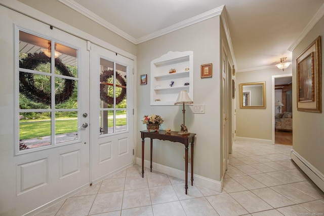 tiled foyer entrance featuring a baseboard heating unit, ornamental molding, and french doors