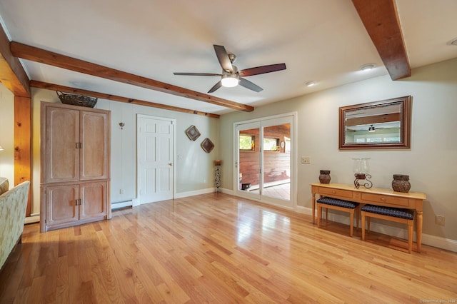 unfurnished living room featuring ceiling fan, light hardwood / wood-style floors, beamed ceiling, and baseboard heating