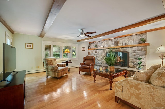 living room featuring beamed ceiling, a fireplace, baseboard heating, and light wood-type flooring