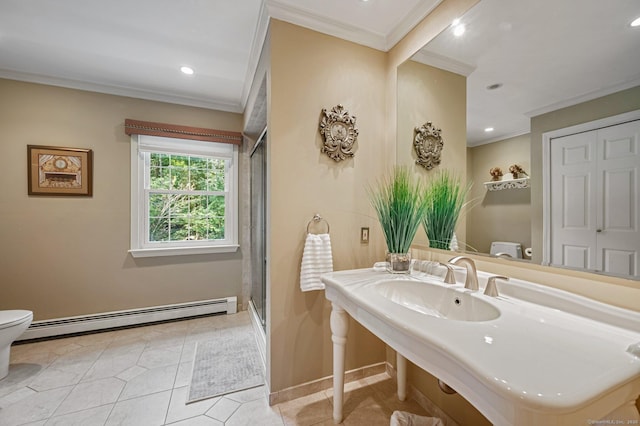 bathroom featuring crown molding, tile patterned flooring, a baseboard heating unit, toilet, and walk in shower