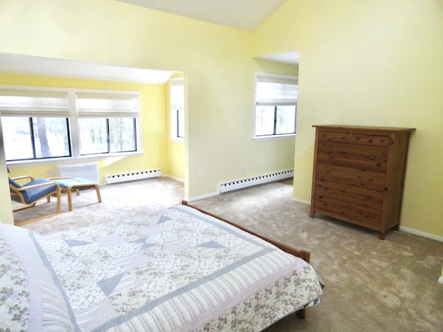 bedroom featuring vaulted ceiling, carpet, and a baseboard heating unit