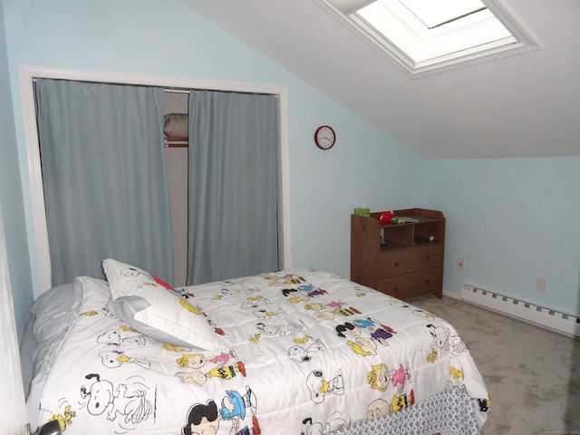 carpeted bedroom with lofted ceiling with skylight and baseboard heating