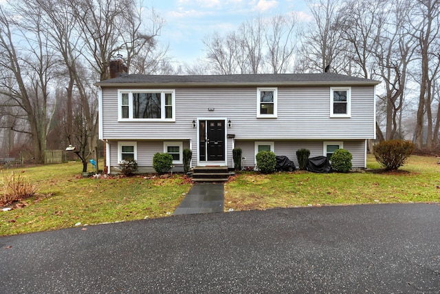 bi-level home with a front lawn