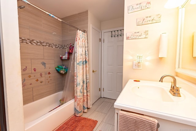 bathroom featuring vanity and shower / tub combo with curtain