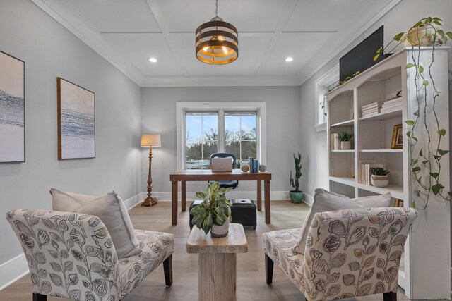 office featuring hardwood / wood-style flooring, crown molding, and coffered ceiling