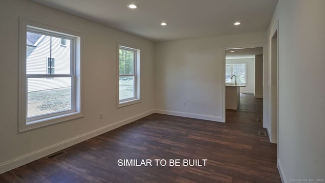 empty room with sink, a wealth of natural light, and dark hardwood / wood-style flooring