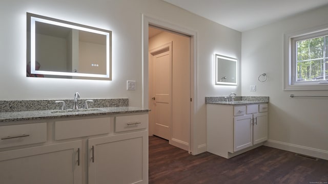 bathroom with visible vents, two vanities, a sink, and wood finished floors