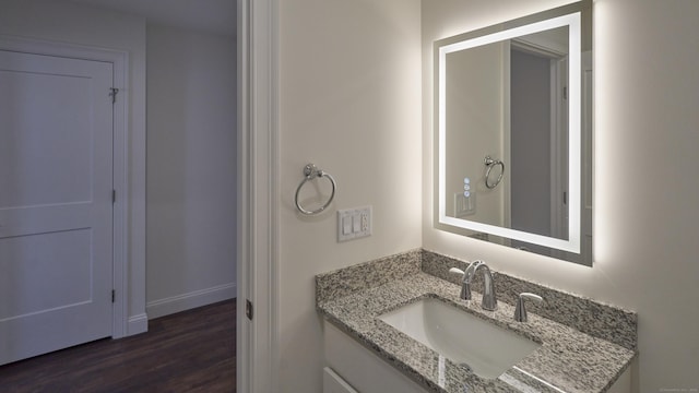 bathroom with wood finished floors and vanity