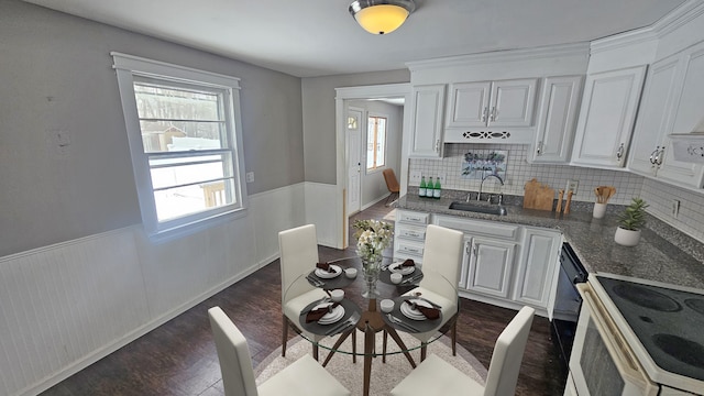 kitchen with white cabinetry, plenty of natural light, sink, and dark hardwood / wood-style flooring