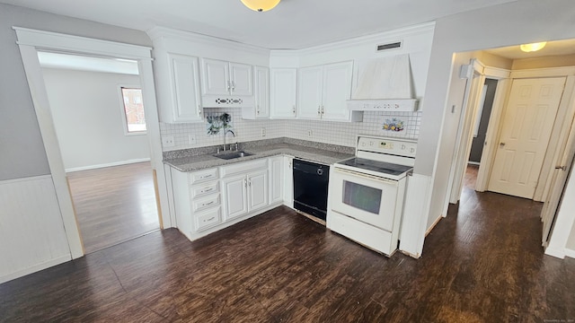 kitchen featuring premium range hood, black dishwasher, sink, white cabinets, and electric stove