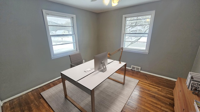 office featuring ceiling fan and dark hardwood / wood-style floors