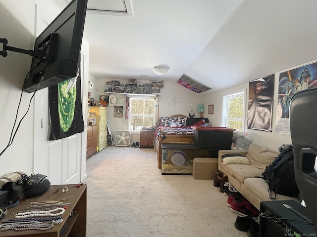 bedroom with lofted ceiling and carpet flooring