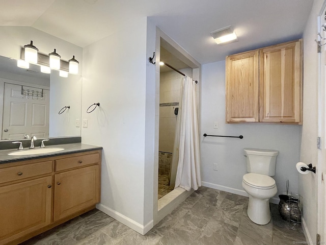 bathroom with walk in shower, lofted ceiling, toilet, and vanity