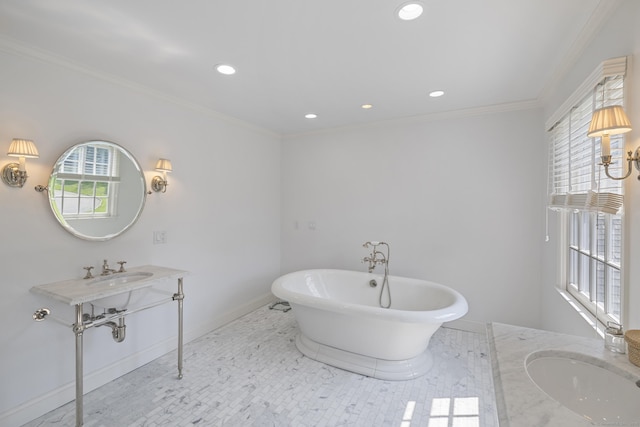 bathroom featuring crown molding, sink, and a bathtub