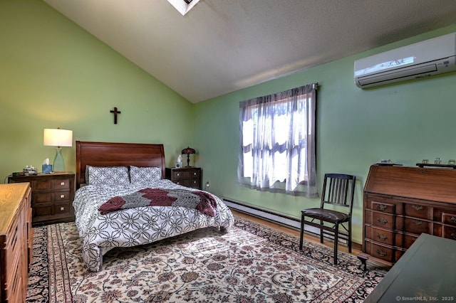 bedroom featuring hardwood / wood-style flooring, lofted ceiling, and a wall unit AC