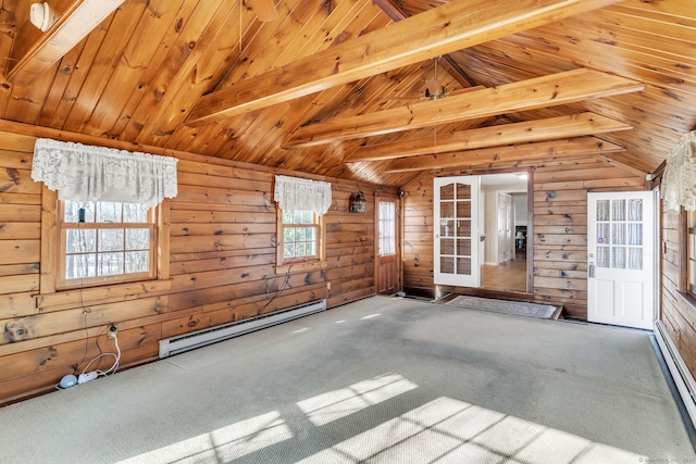 interior space featuring vaulted ceiling with beams, wood walls, and baseboard heating