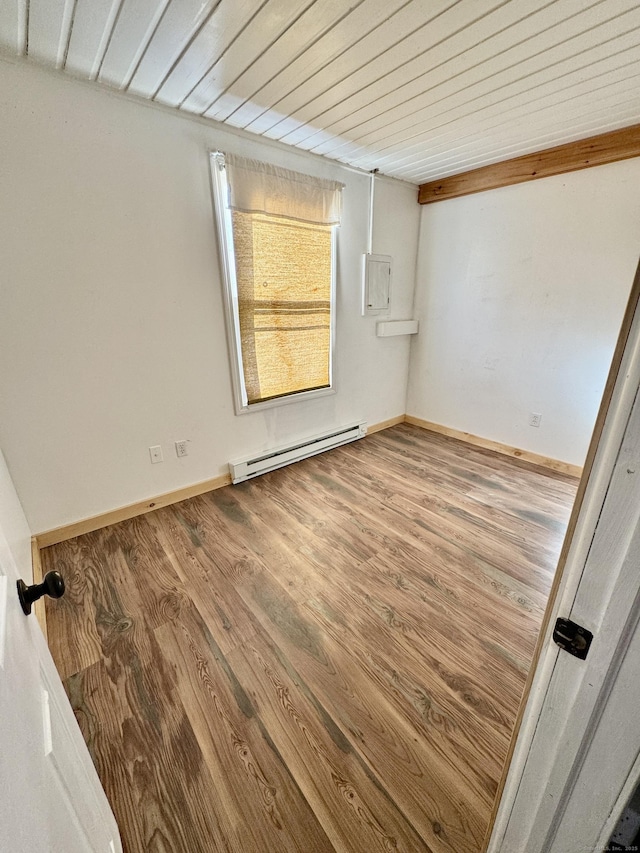 empty room featuring hardwood / wood-style floors, wood ceiling, and a baseboard radiator