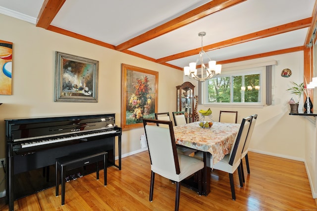 dining room featuring beam ceiling, a notable chandelier, and light wood-type flooring