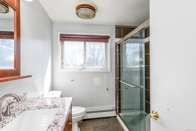 bathroom featuring vanity, a shower stall, toilet, and baseboard heating