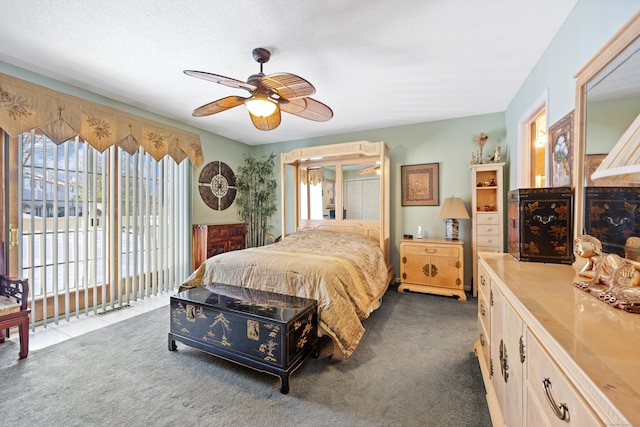 bedroom with ceiling fan, access to exterior, and carpet floors